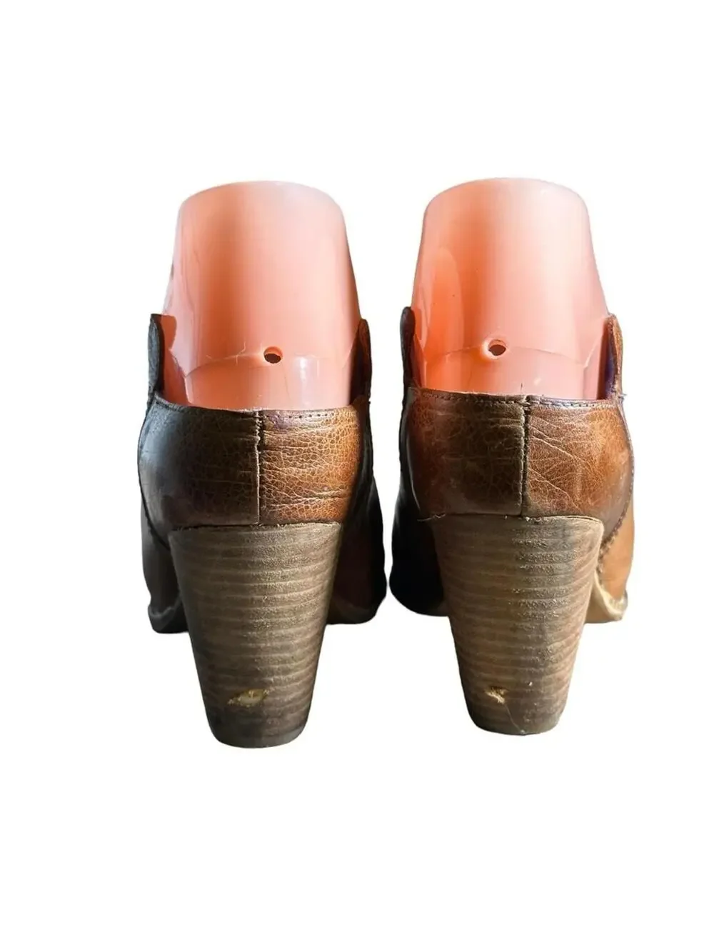 JEFFREY CAMPBELL • Ibiza Last Vinton Brown Leather Stack Heel Mules Booties 7.5